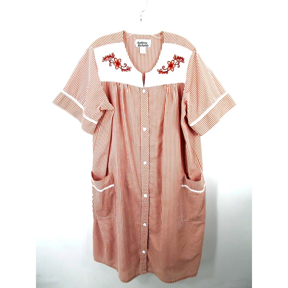 VTG ANTHONY RICHARDS House Dress L Orange Stripe Floral Nightgown Patio Snaps